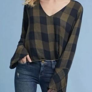 Anthropologie Cloth & Stone Side Knot 3/4 Bell Sleeve Top - Navy & Green